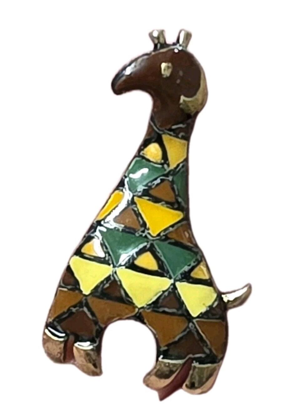 Vintage EISENBERG Enameled Giraffe 1 3/4" Brooch Teal Brown Gold